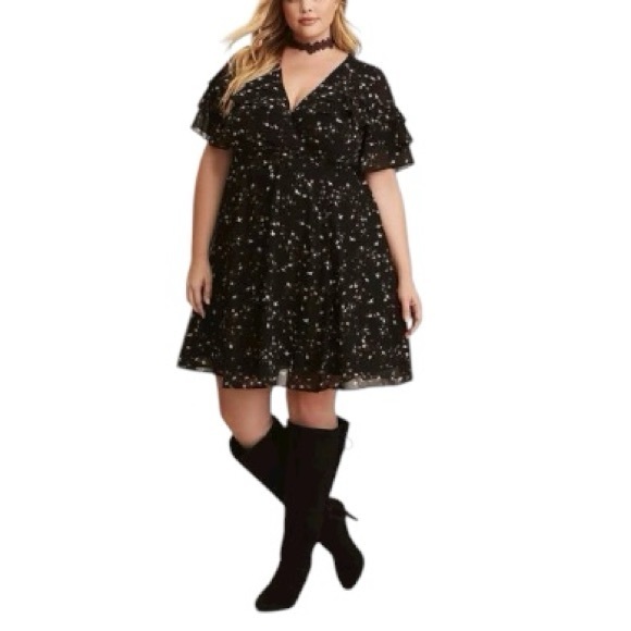 torrid Dresses & Skirts - Torrid Black Floral Birds Print Chiffon Ruffled Wrap Versatile  Dress 2/2X/18-20